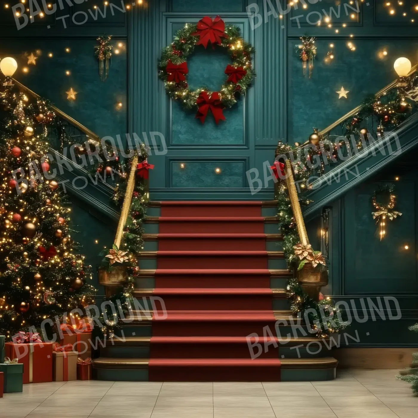 Whimsical Christmas Grand Staircase 8’x8’ Fleece (96 x 96 inch) Backdrop