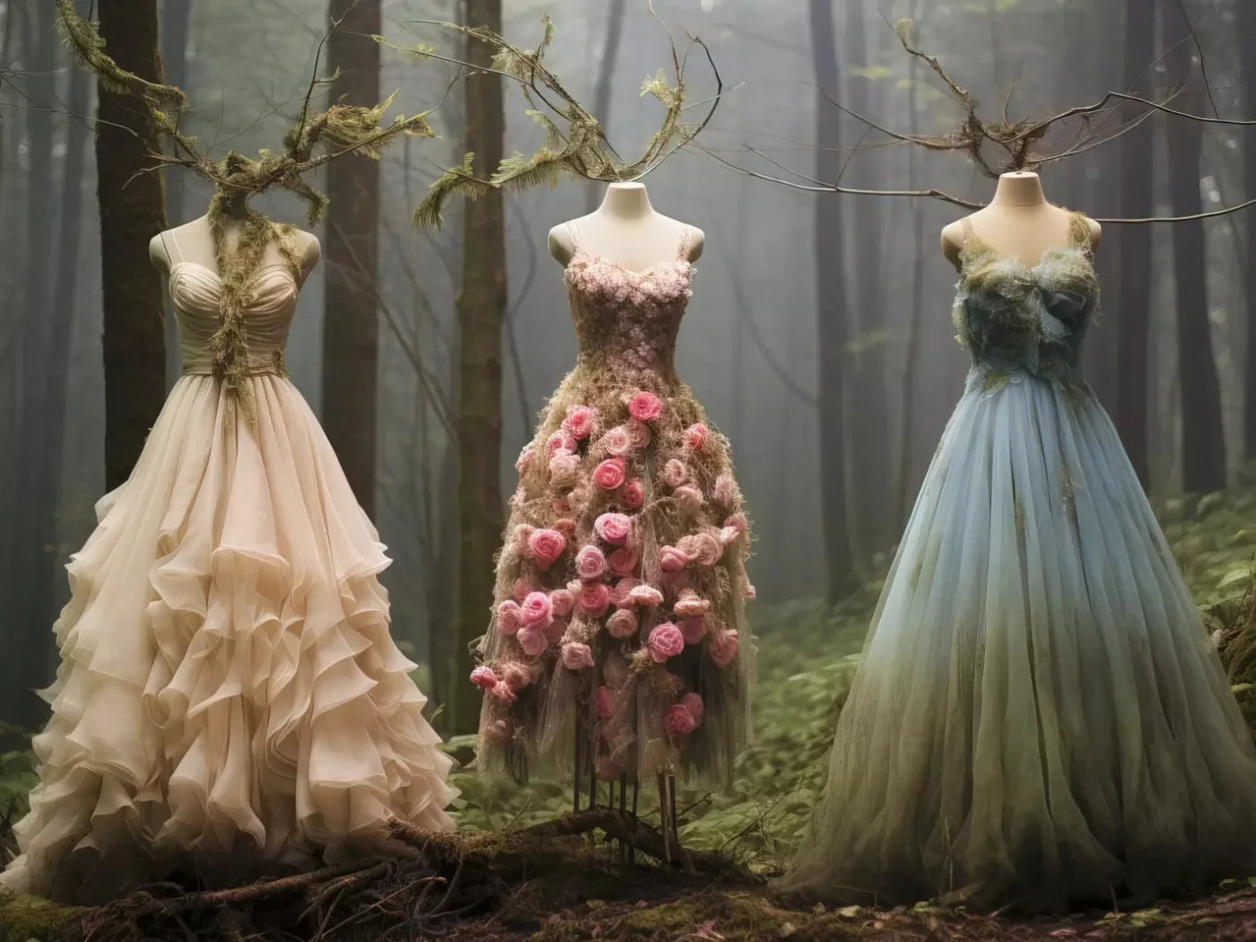 Whimsical Princess Gowns In Forest 68X5 Fleece ( 80 X 60 Inch ) Backdrop