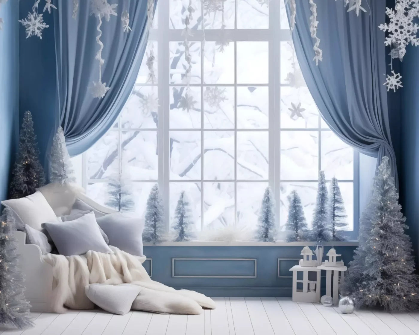 White And Blue Window 1 10X8 Fleece ( 120 X 96 Inch ) Backdrop