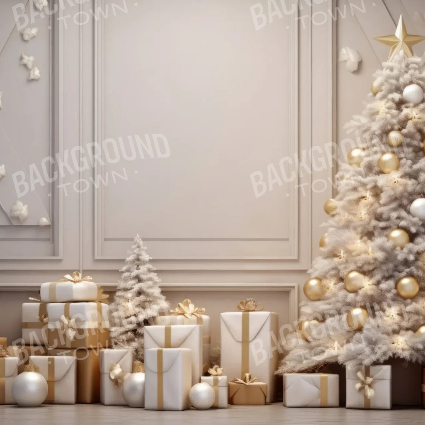 White and Gold Christmas 8’x8’ Fleece (96 x 96 inch) Backdrop