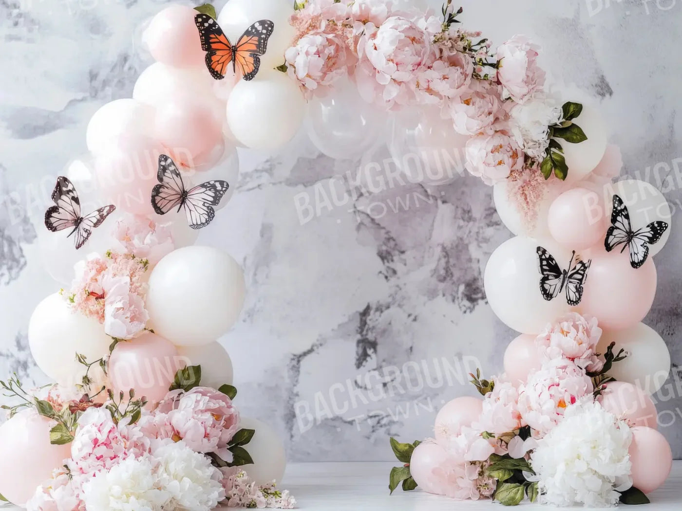 White Balloon Arch Butterflies 8’x6’ Fleece (96 x 72 inch) Backdrop