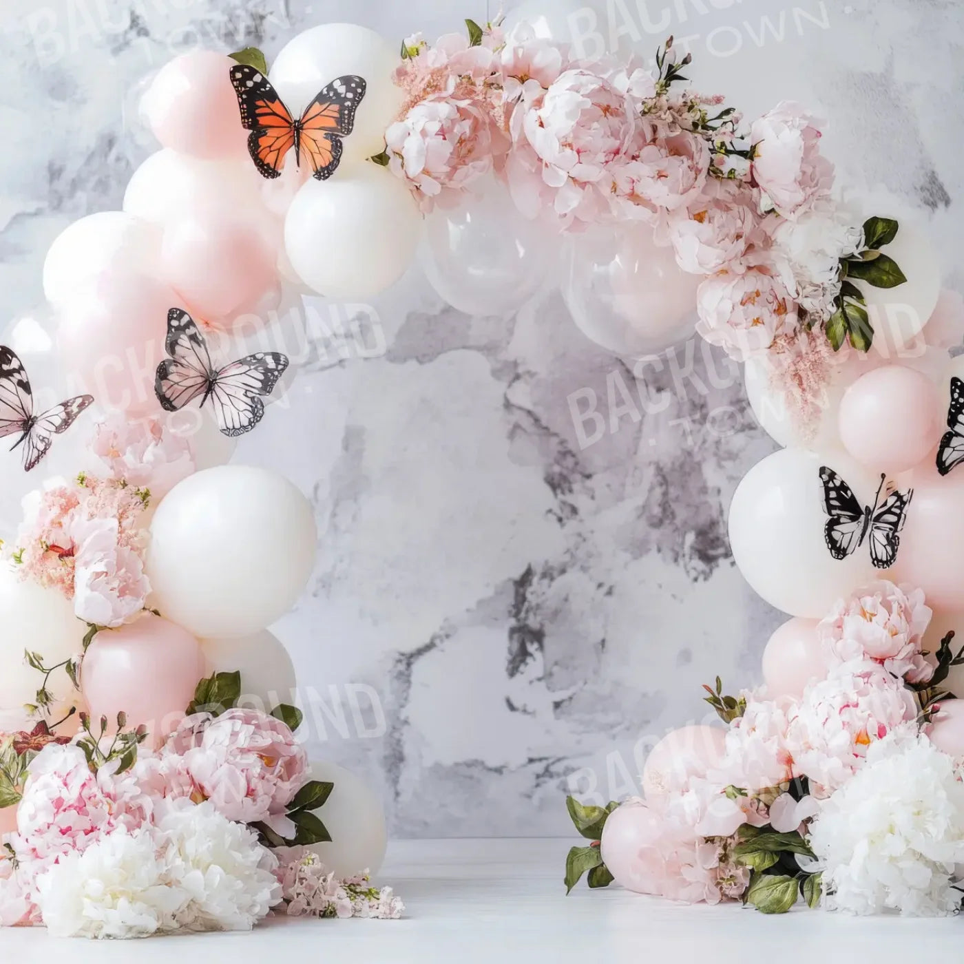 White Balloon Arch Butterflies 8’x8’ Fleece (96 x 96 inch) Backdrop