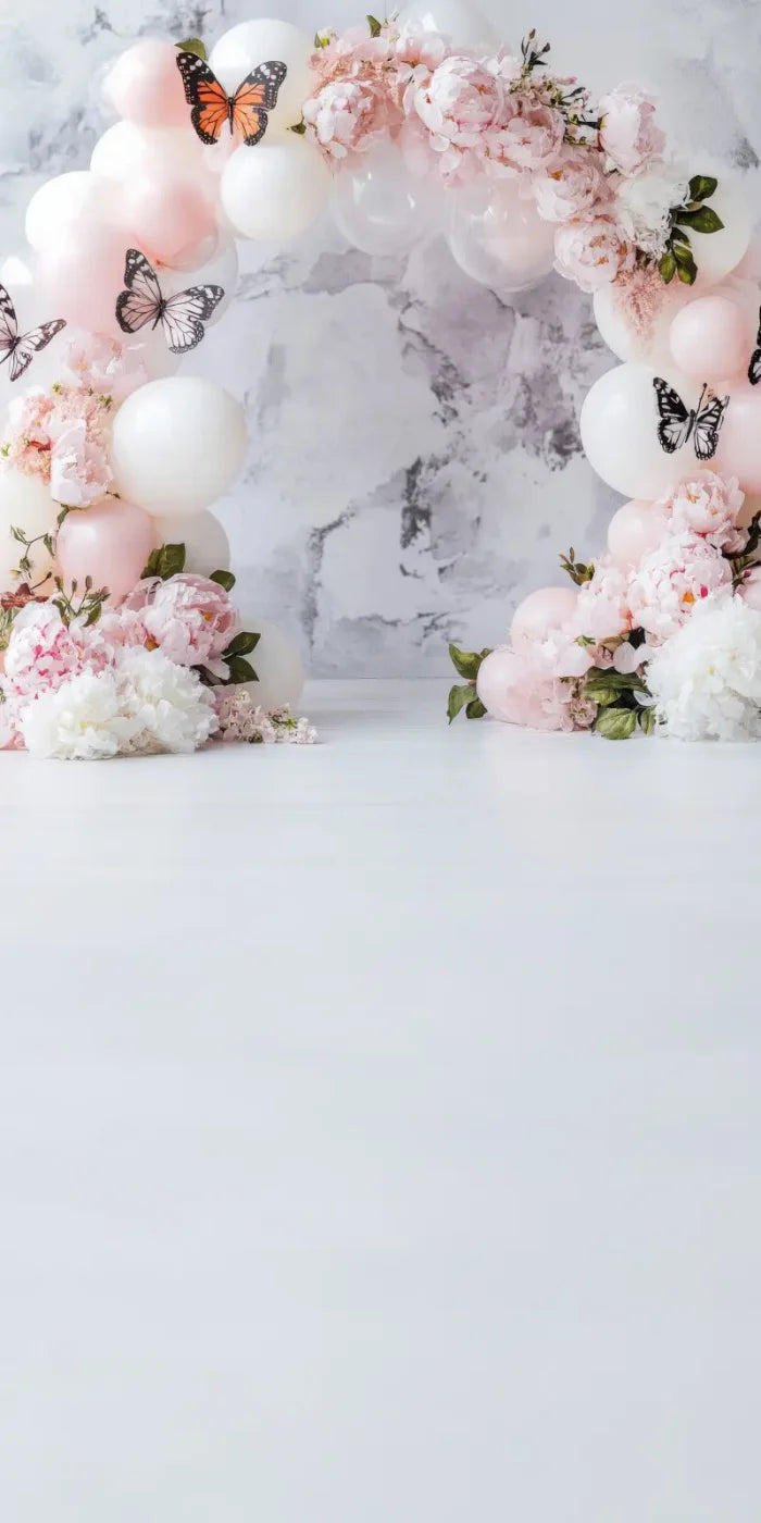 White Balloon Arch Butterflies Sweep 8’x16’ UltraCloth (96 x 192 inch) Backdrop