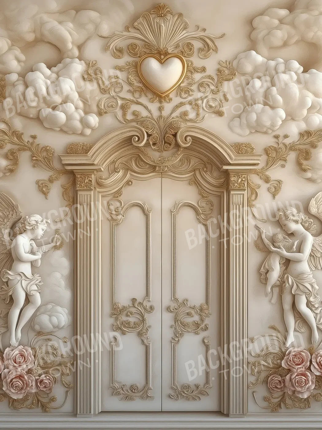 White Door With Angels2 5’x6’8 Fleece (60 x 80 inch) Backdrop