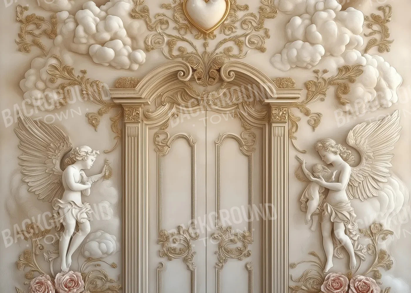 White Door With Angels2 7’x5’ UltraCloth (84 x 60 inch) Backdrop