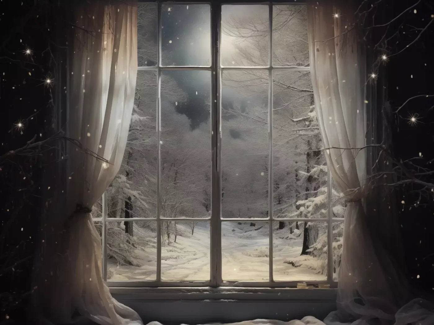 Winter Window 1 Horizontal 8X6 Fleece ( 96 X 72 Inch ) Backdrop