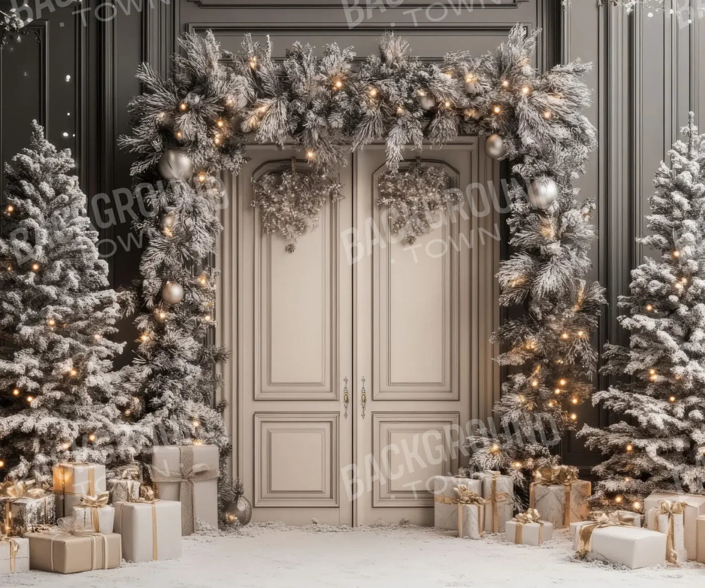 Wintery Christmas Doors 12’x10’ UltraCloth (144 x 120 inch) Backdrop