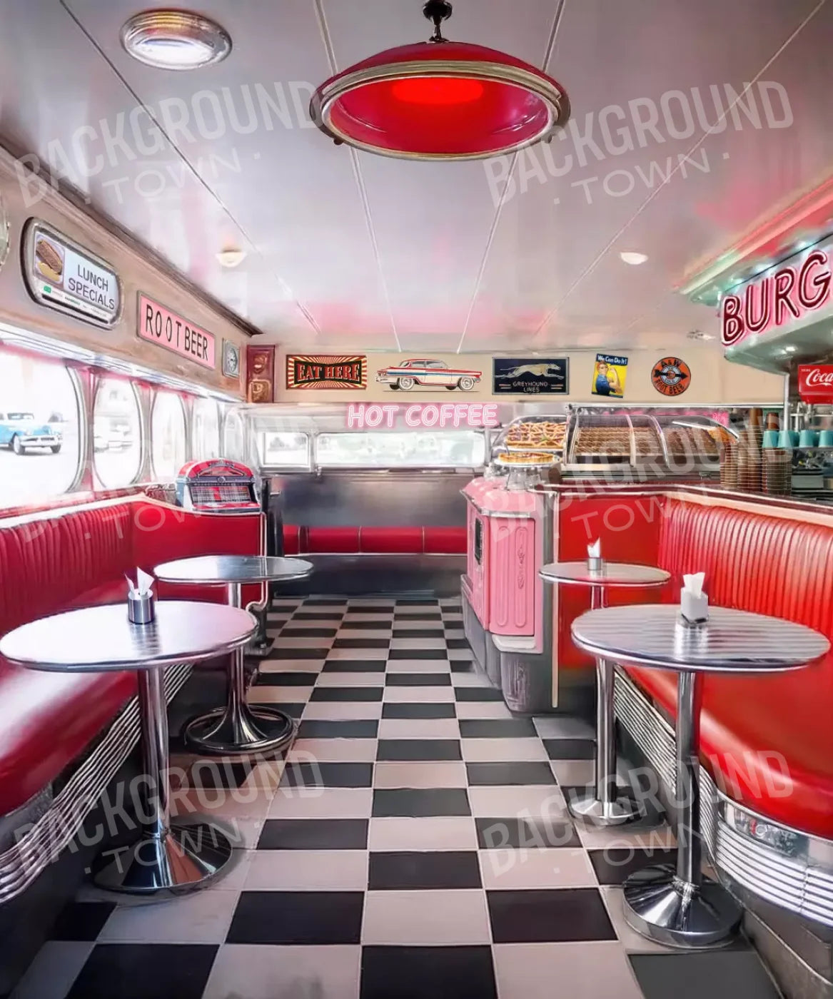 Red and White Vintage Restaurant Backdrop for Photography