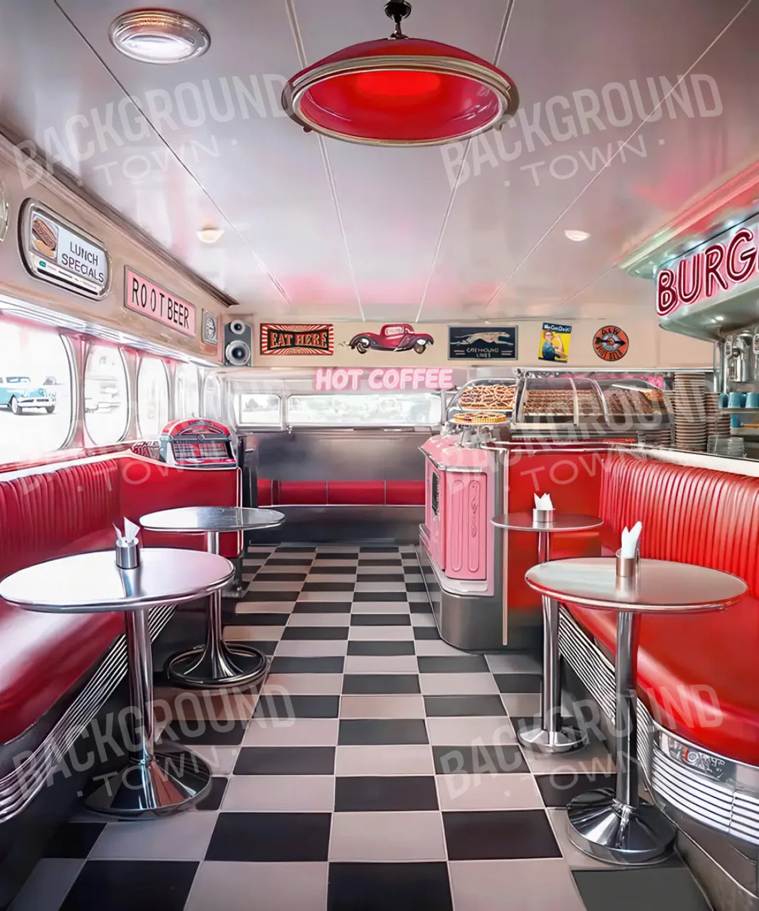 Red and White Vintage Restaurant Backdrop for Photography