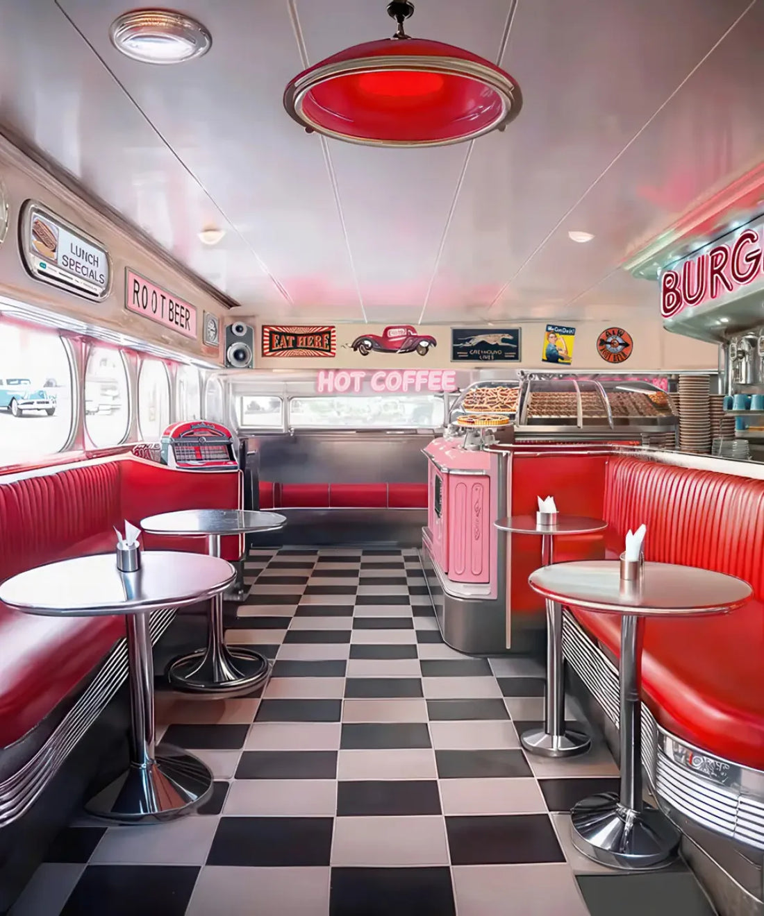 Red and White Vintage Restaurant Backdrop for Photography