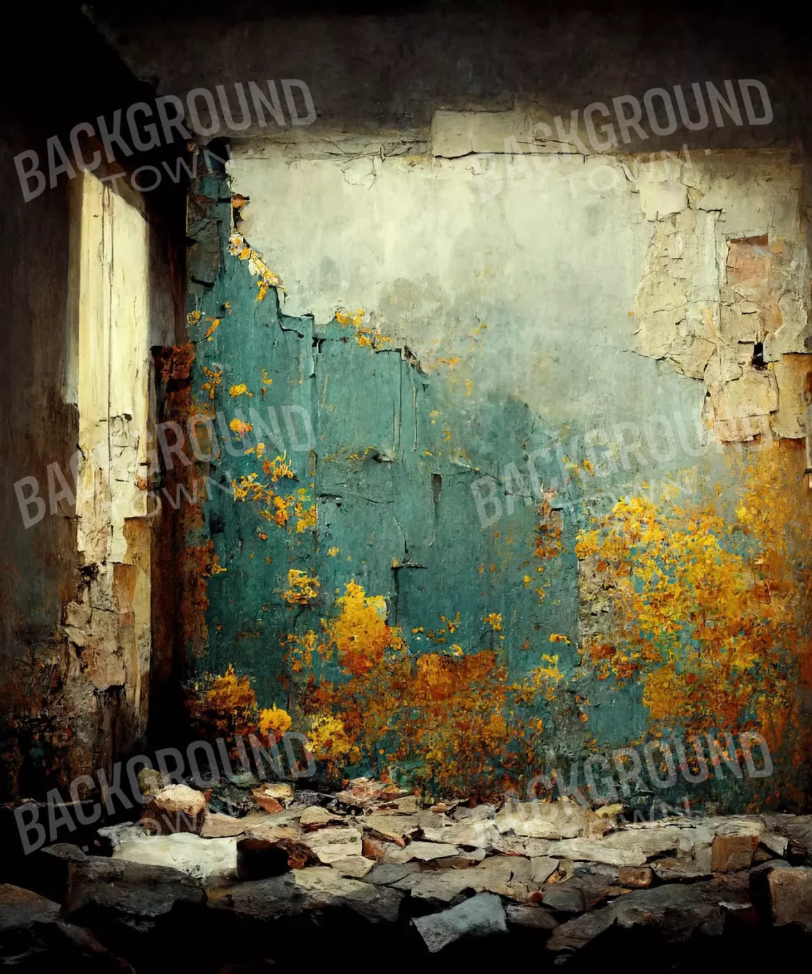Broken Room, Blue, Yellow  Backdrop for Photography