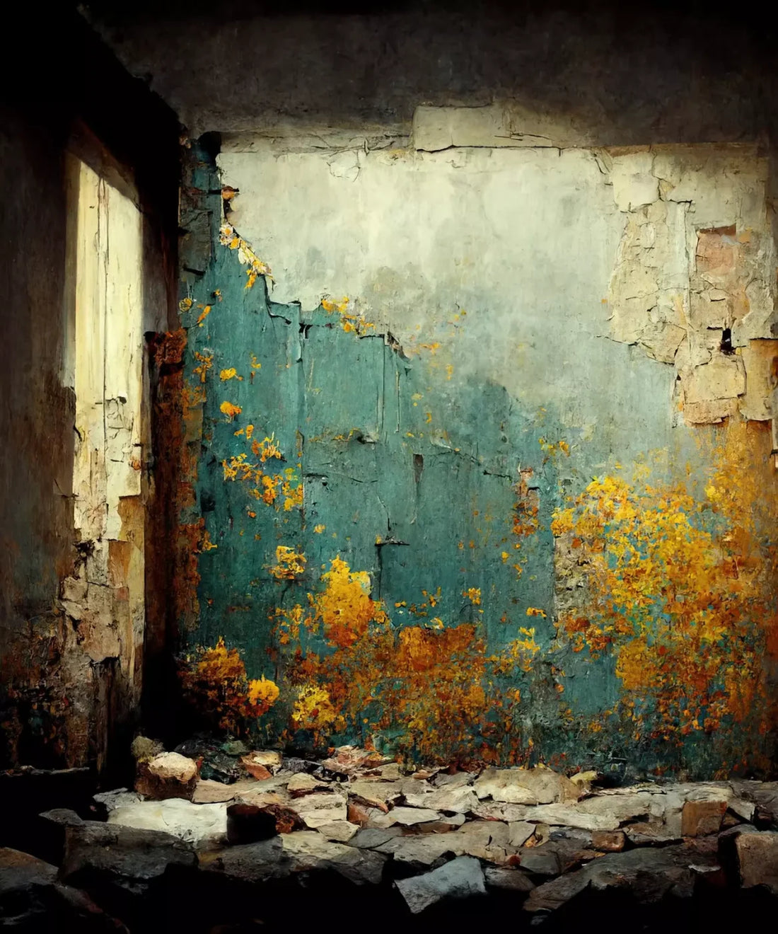Broken Room, Blue, Yellow  Backdrop for Photography