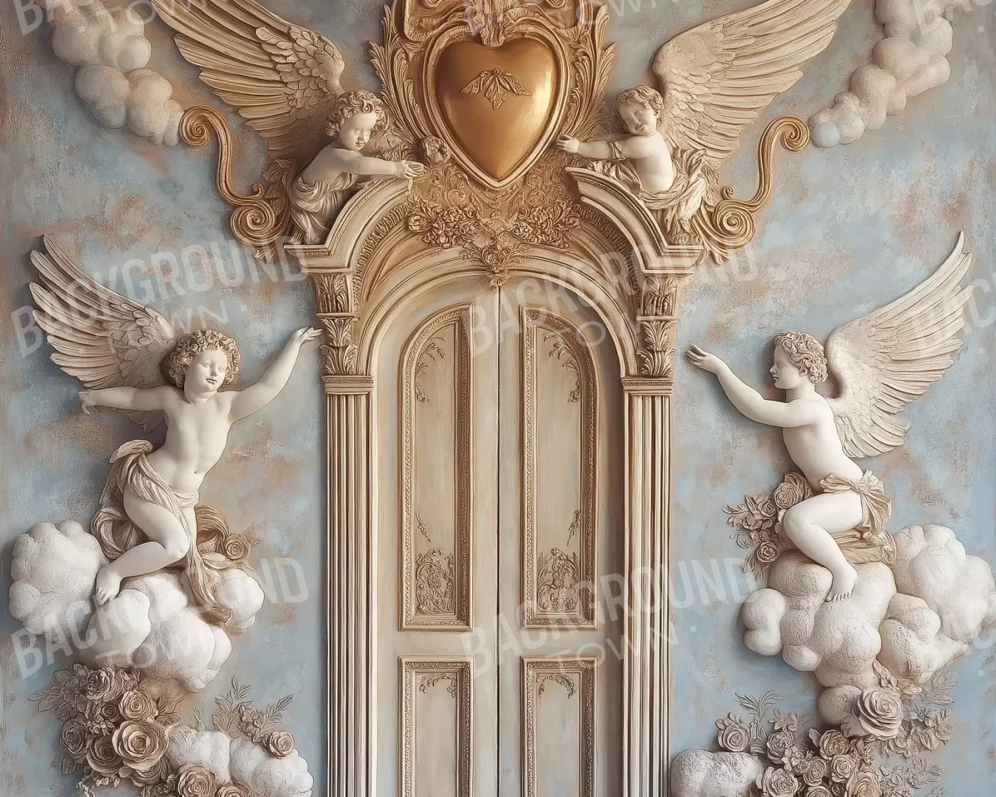 Angels And Cherubs With Door 10’X8’ Fleece (120 X 96 Inch) Backdrop