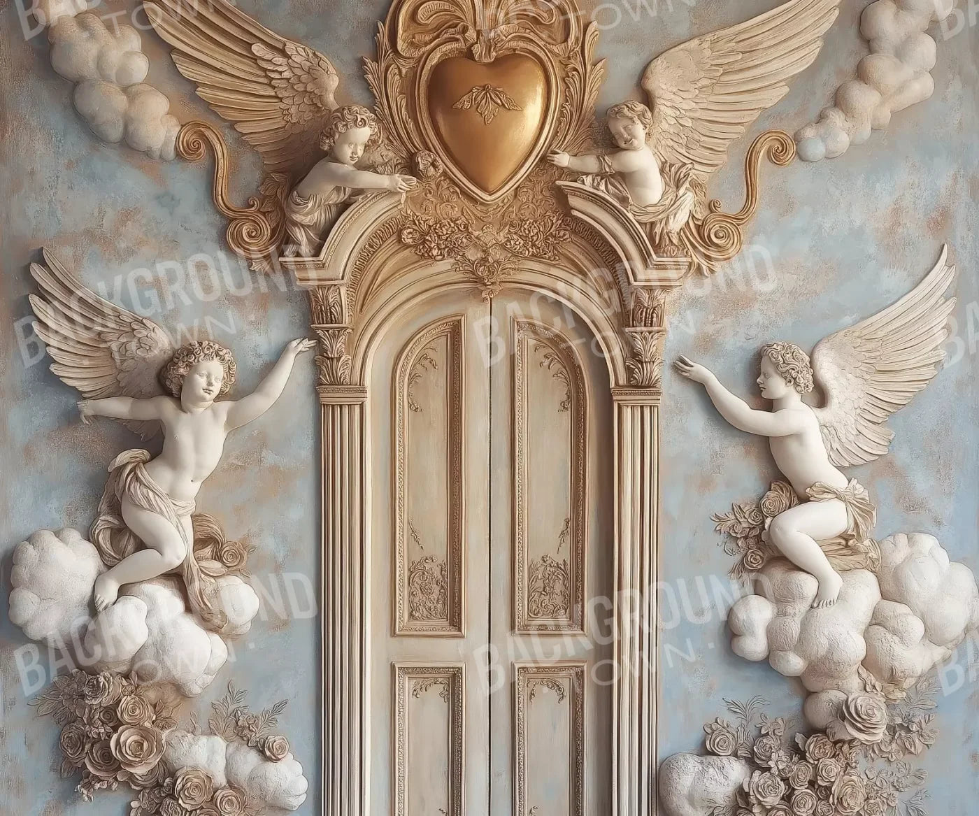 Angels And Cherubs With Door 12’X10’ Ultracloth (144 X 120 Inch) Backdrop