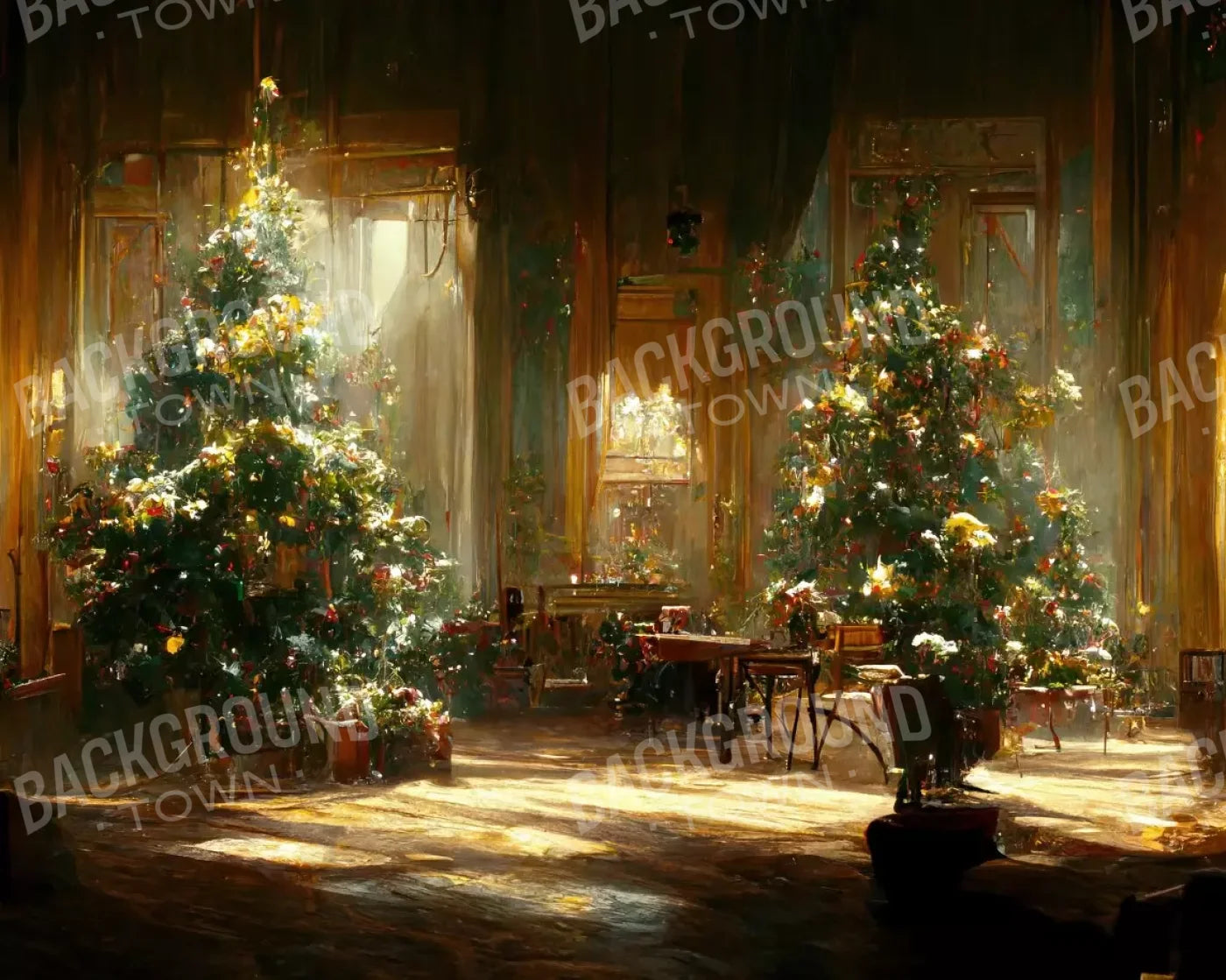 Antique Christmas Livingroom 10’X8’ Fleece (120 X 96 Inch) Backdrop