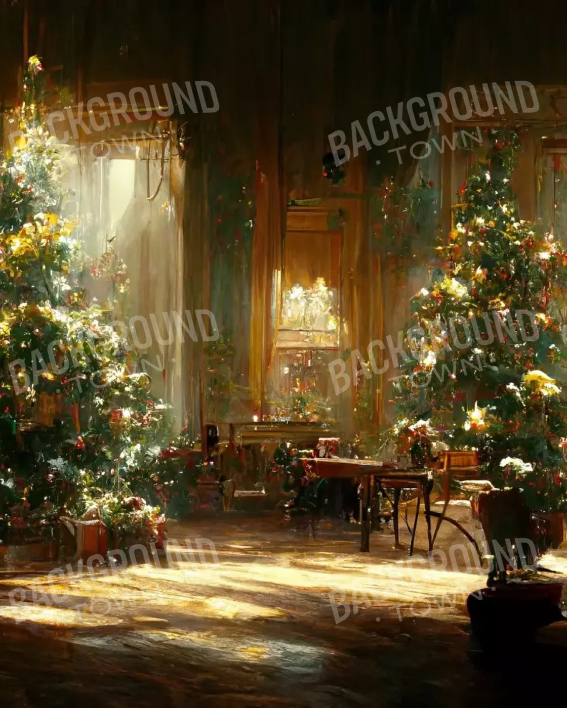 Antique Christmas Livingroom 8’X10’ Fleece (96 X 120 Inch) Backdrop