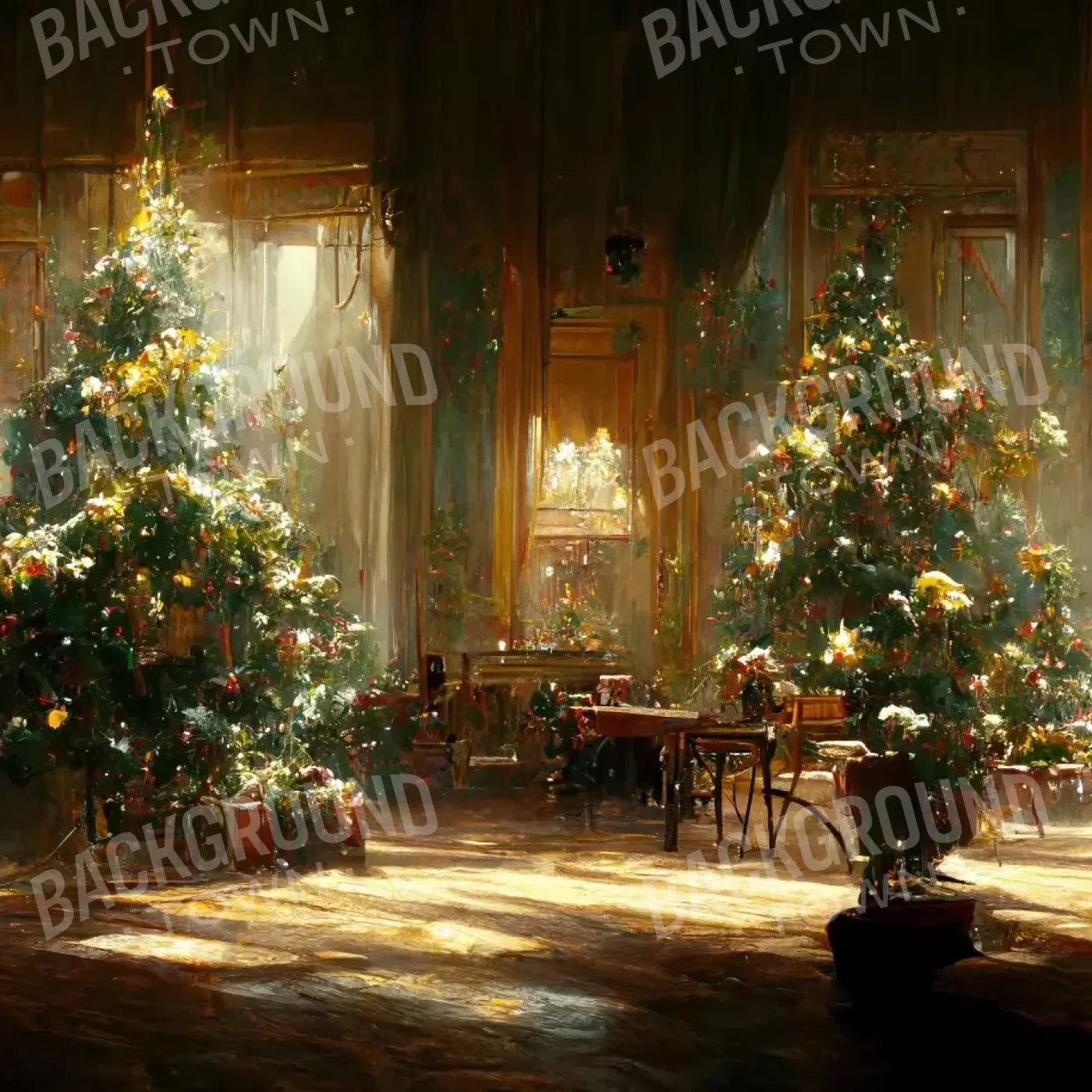 Antique Christmas Livingroom 8’X8’ Fleece (96 X Inch) Backdrop