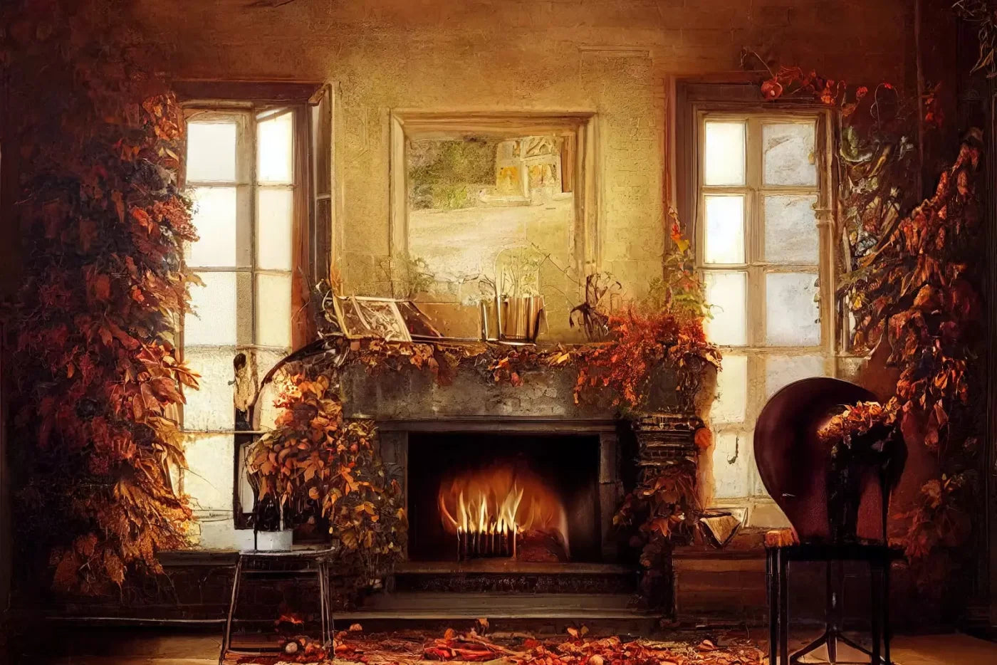 Autumn Fireplace 12’X8’ Ultracloth (144 X 96 Inch) Backdrop