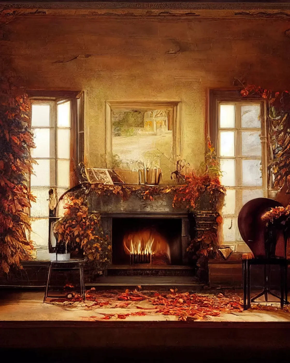 Autumn Fireplace 8’X10’ Fleece (96 X 120 Inch) Backdrop