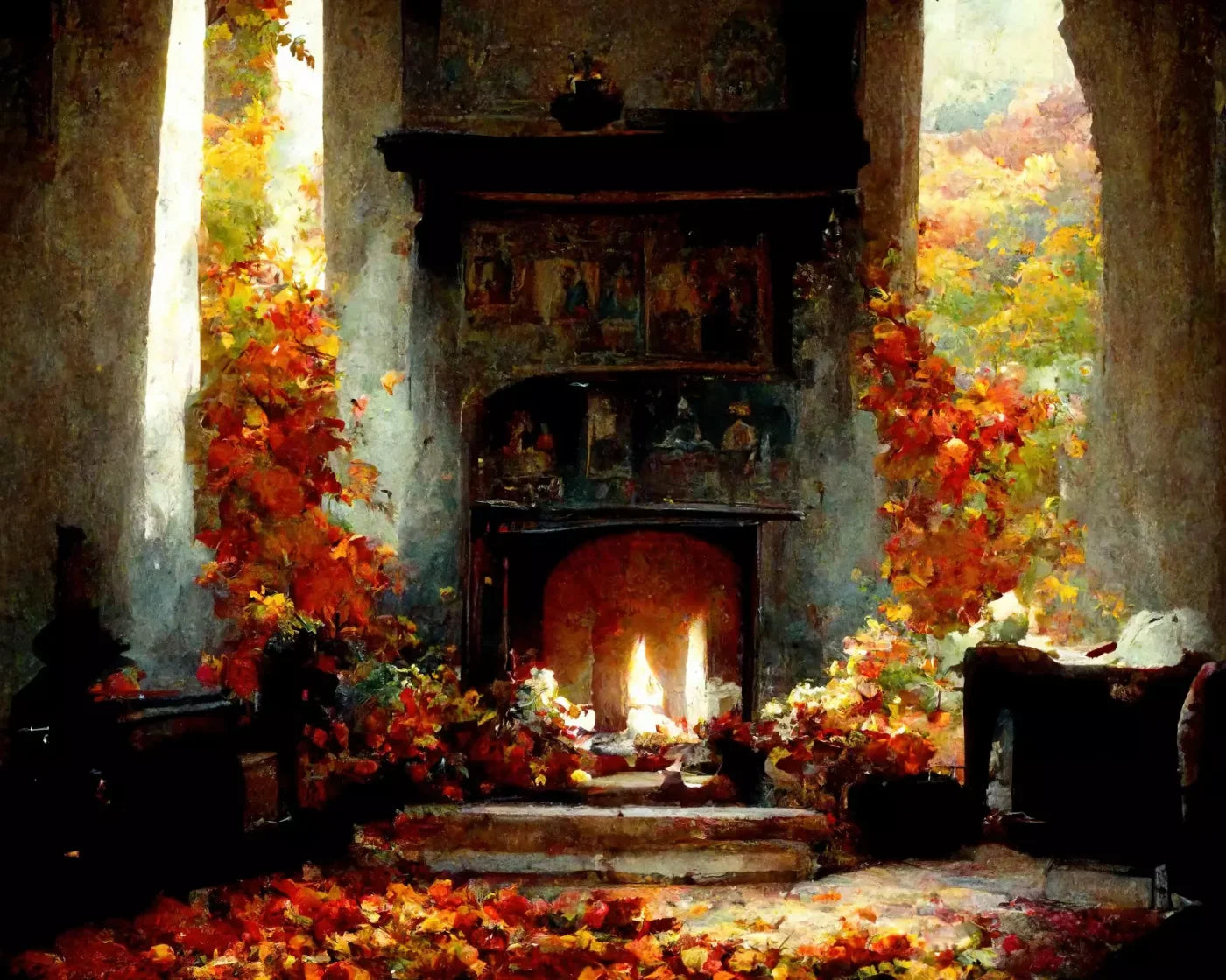 Autumn Fireplace Ii 10’X8’ Fleece (120 X 96 Inch) Backdrop