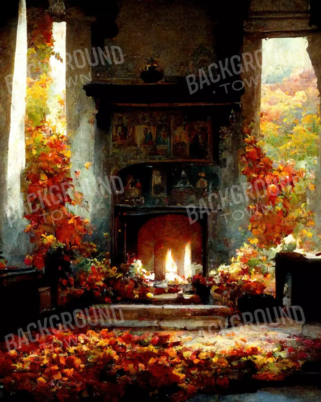 Autumn Fireplace Ii 8’X10’ Fleece (96 X 120 Inch) Backdrop