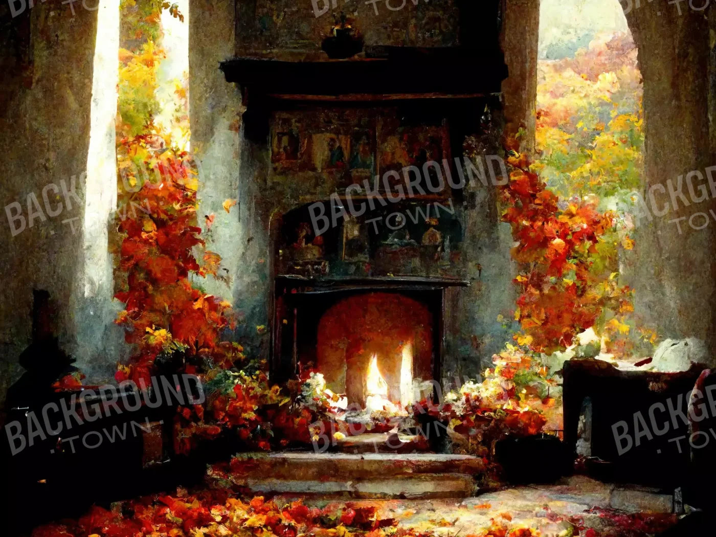 Autumn Fireplace Ii 8’X6’ Fleece (96 X 72 Inch) Backdrop