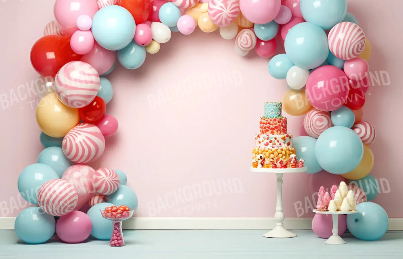 Birthday Swirl Balloon Arch 14’x9’ UltraCloth (168 x 108 inch) Backdrop