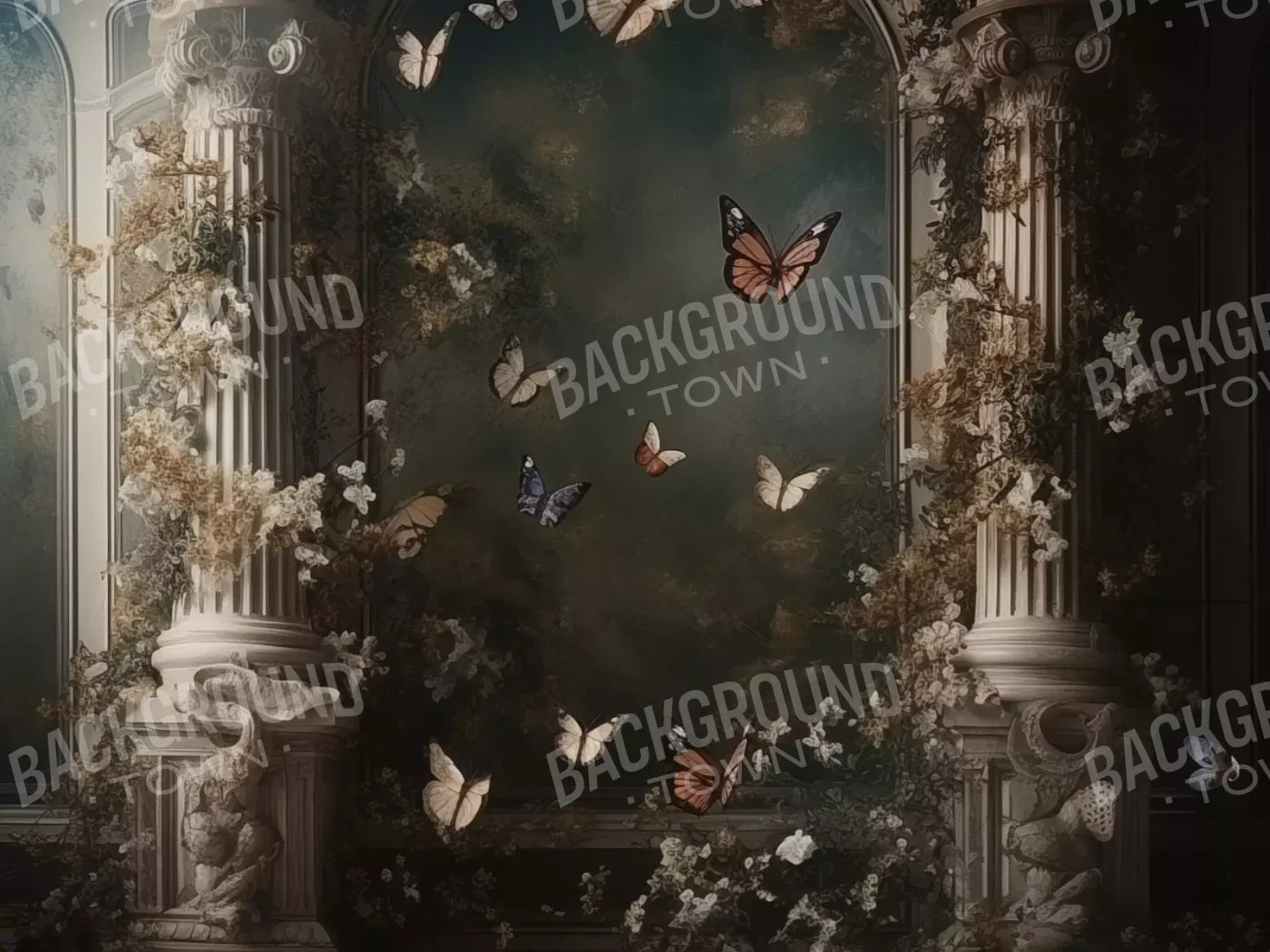 Butterflies With Victorian Pillars 8’X6’ Fleece (96 X 72 Inch) Backdrop