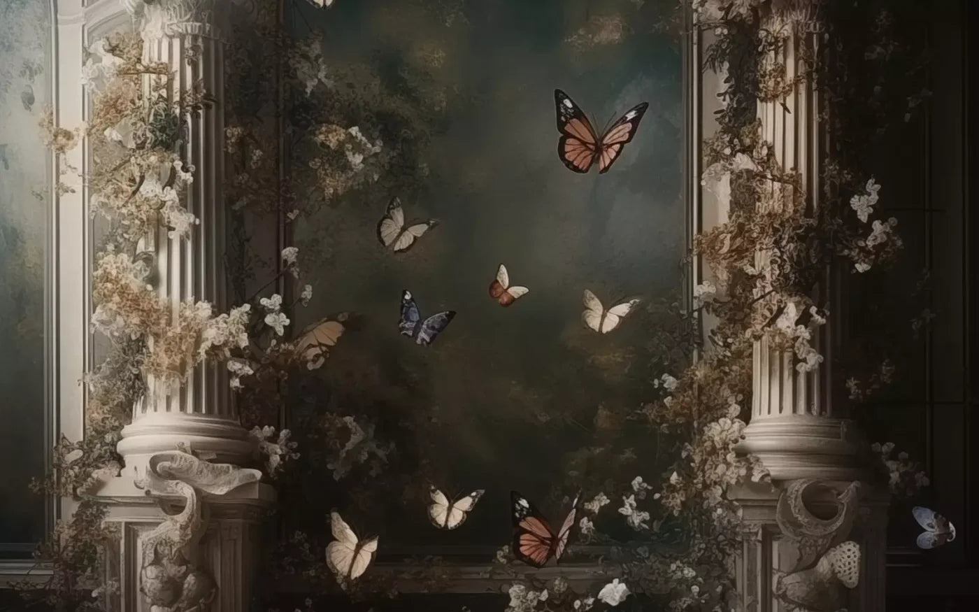 Butterflies With Victorian Pillars 16’X10’ Ultracloth (192 X 120 Inch) Backdrop