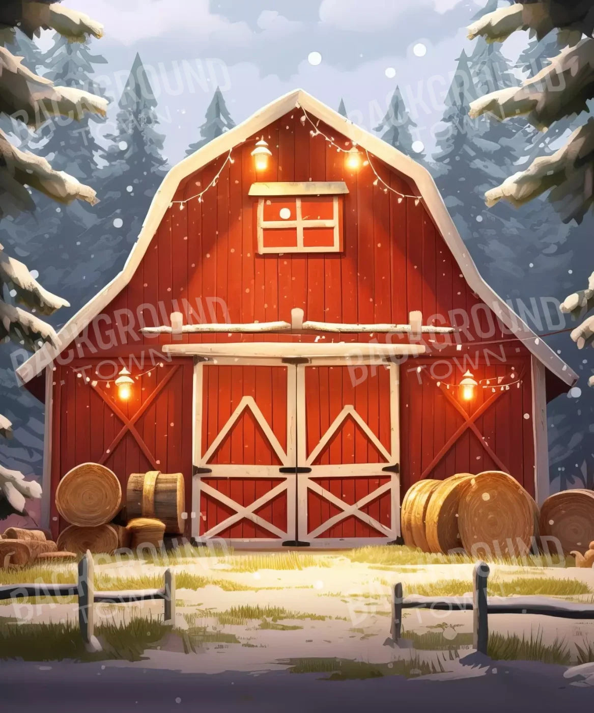 Cartoon Holiday Barn 10’X12’ Ultracloth (120 X 144 Inch) Backdrop