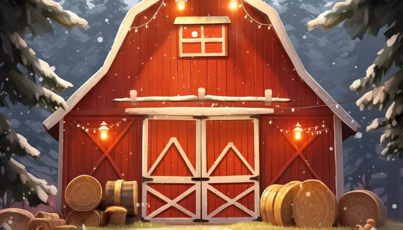 Cartoon Holiday Barn 14’X8’ Ultracloth (168 X 96 Inch) Backdrop