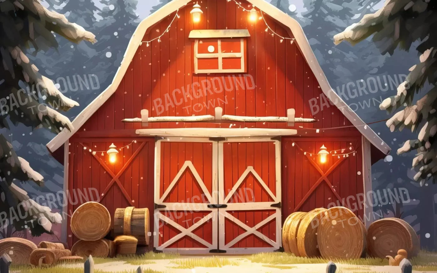 Cartoon Holiday Barn 16’X10’ Ultracloth (192 X 120 Inch) Backdrop