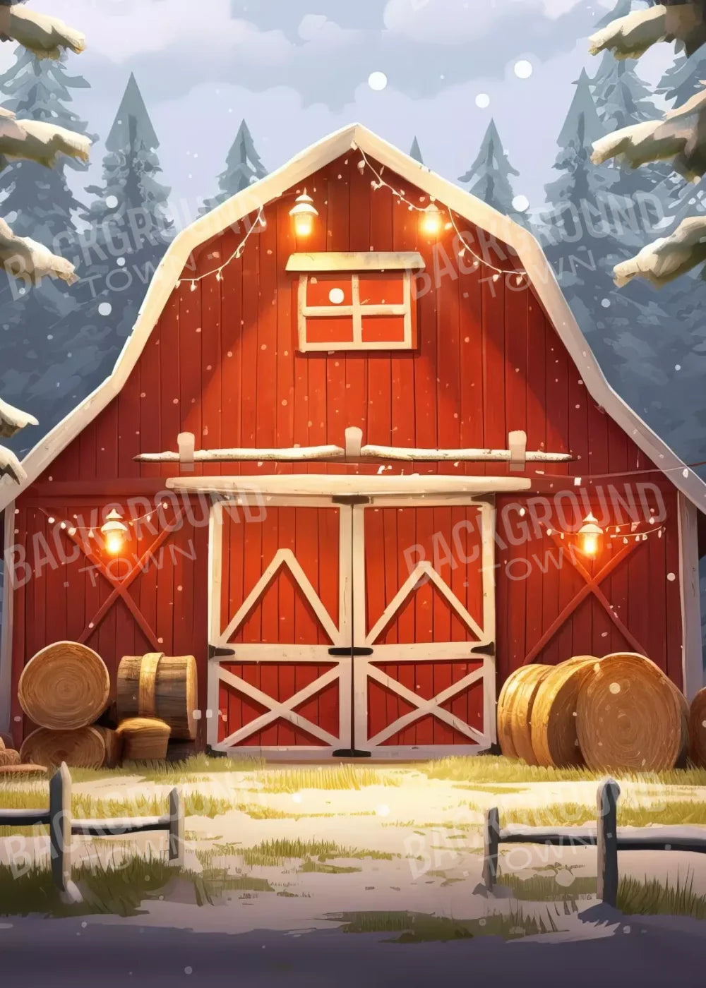 Cartoon Holiday Barn 5’X7’ Ultracloth (60 X 84 Inch) Backdrop