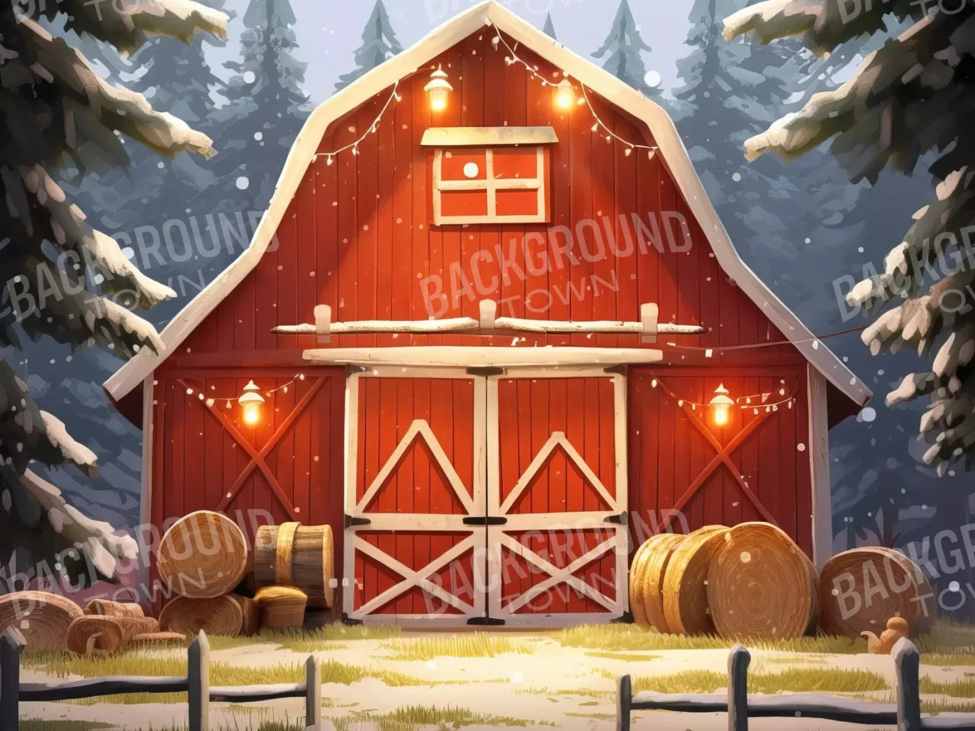 Cartoon Holiday Barn 6’8X5’ Fleece (80 X 60 Inch) Backdrop