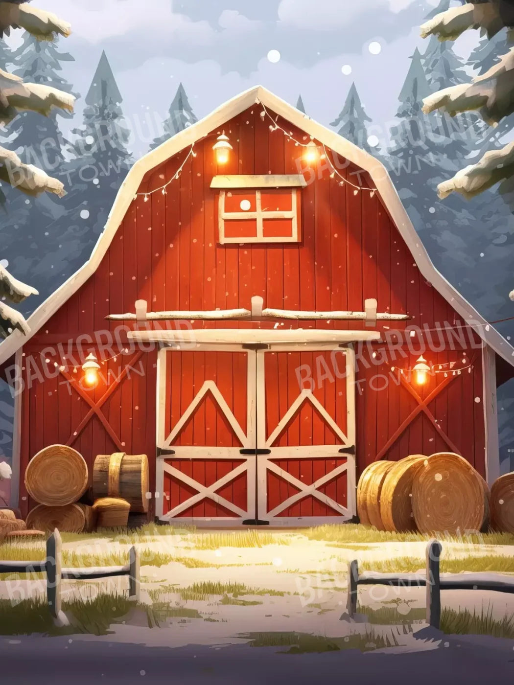 Cartoon Holiday Barn 6’X8’ Fleece (72 X 96 Inch) Backdrop