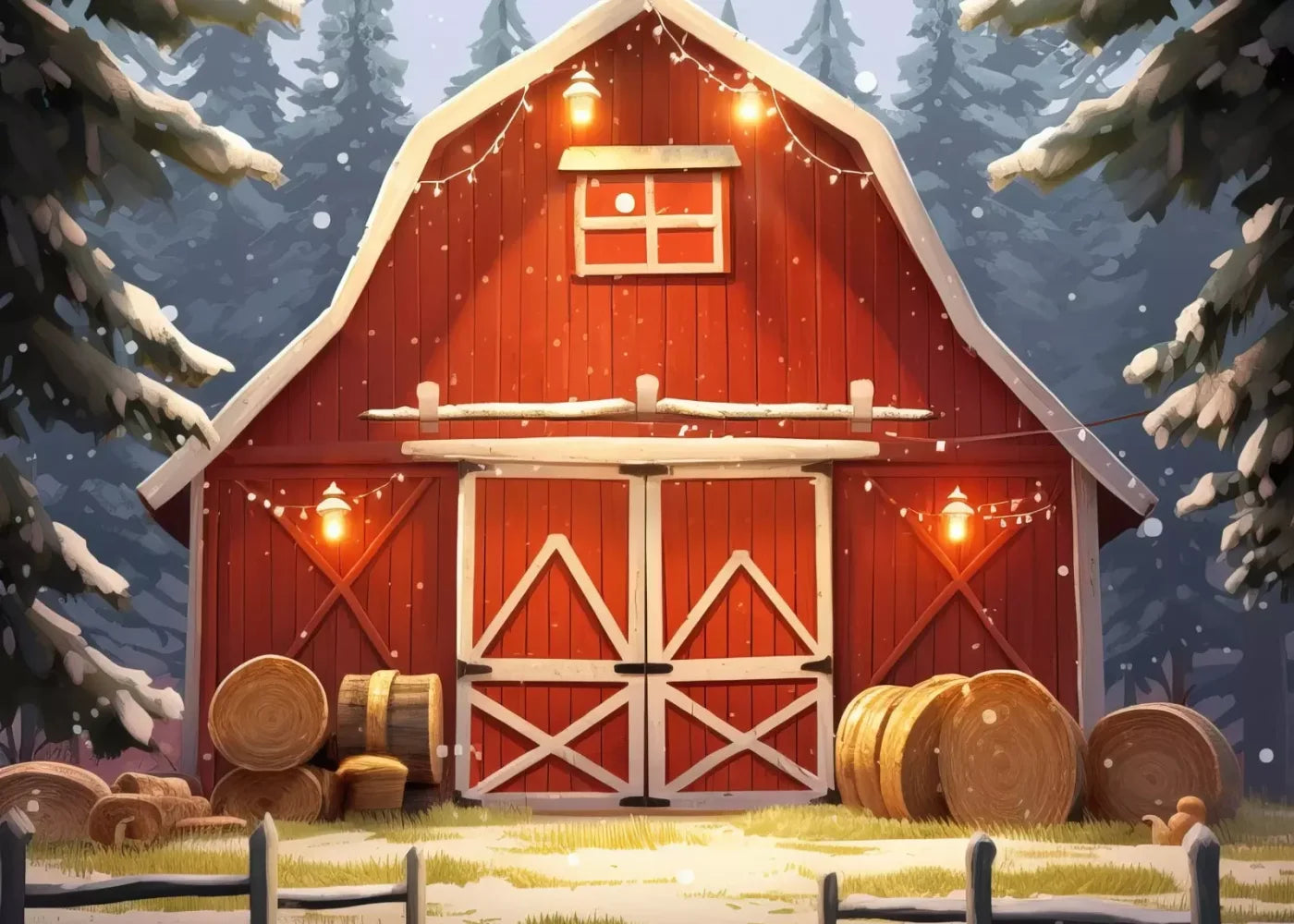 Cartoon Holiday Barn 7’X5’ Ultracloth (84 X 60 Inch) Backdrop