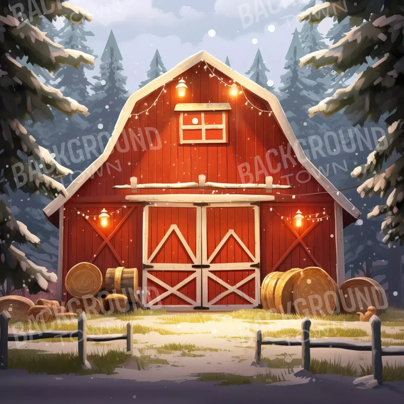 Cartoon Holiday Barn 8’X8’ Fleece (96 X Inch) Backdrop