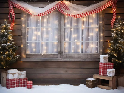 Christmas Cabin Window 6’8X5’ Fleece (80 X 60 Inch) Backdrop