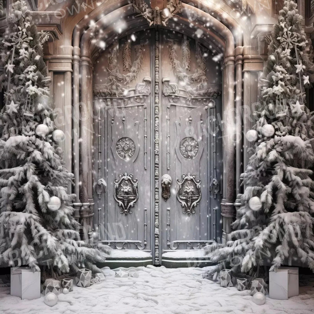 Winter Castle Doors in Snow Backdrop for Photography