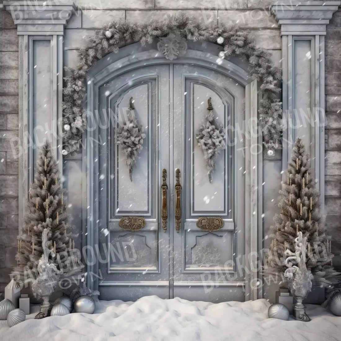 Winter Castle Doors in Snow Backdrop for Photography