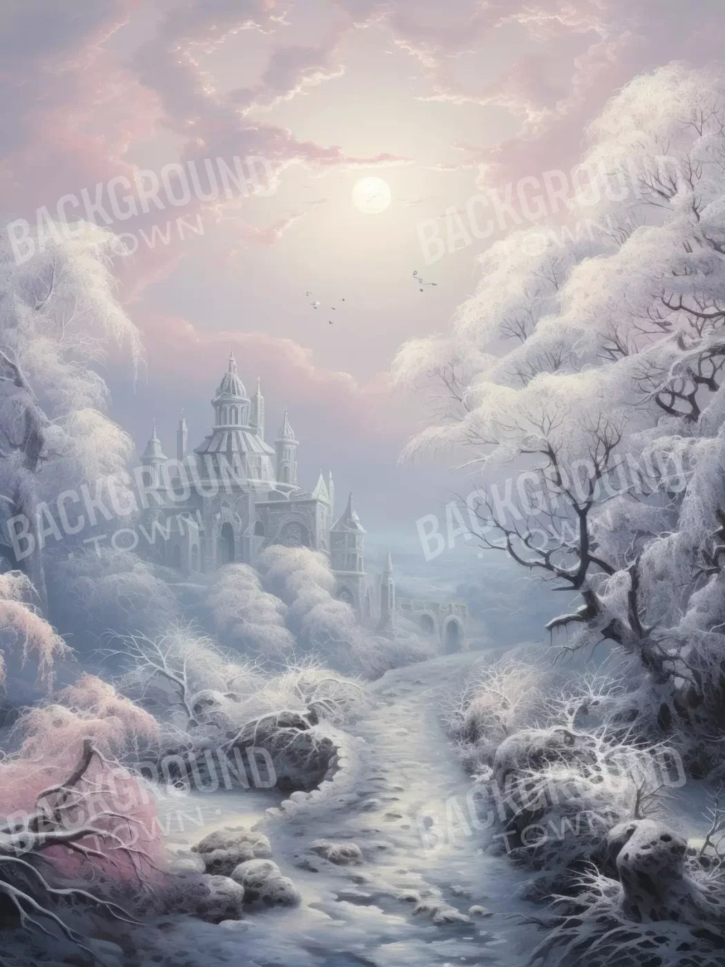 Castle In Winter Wonderland 8X10 Fleece ( 96 X 120 Inch ) Backdrop