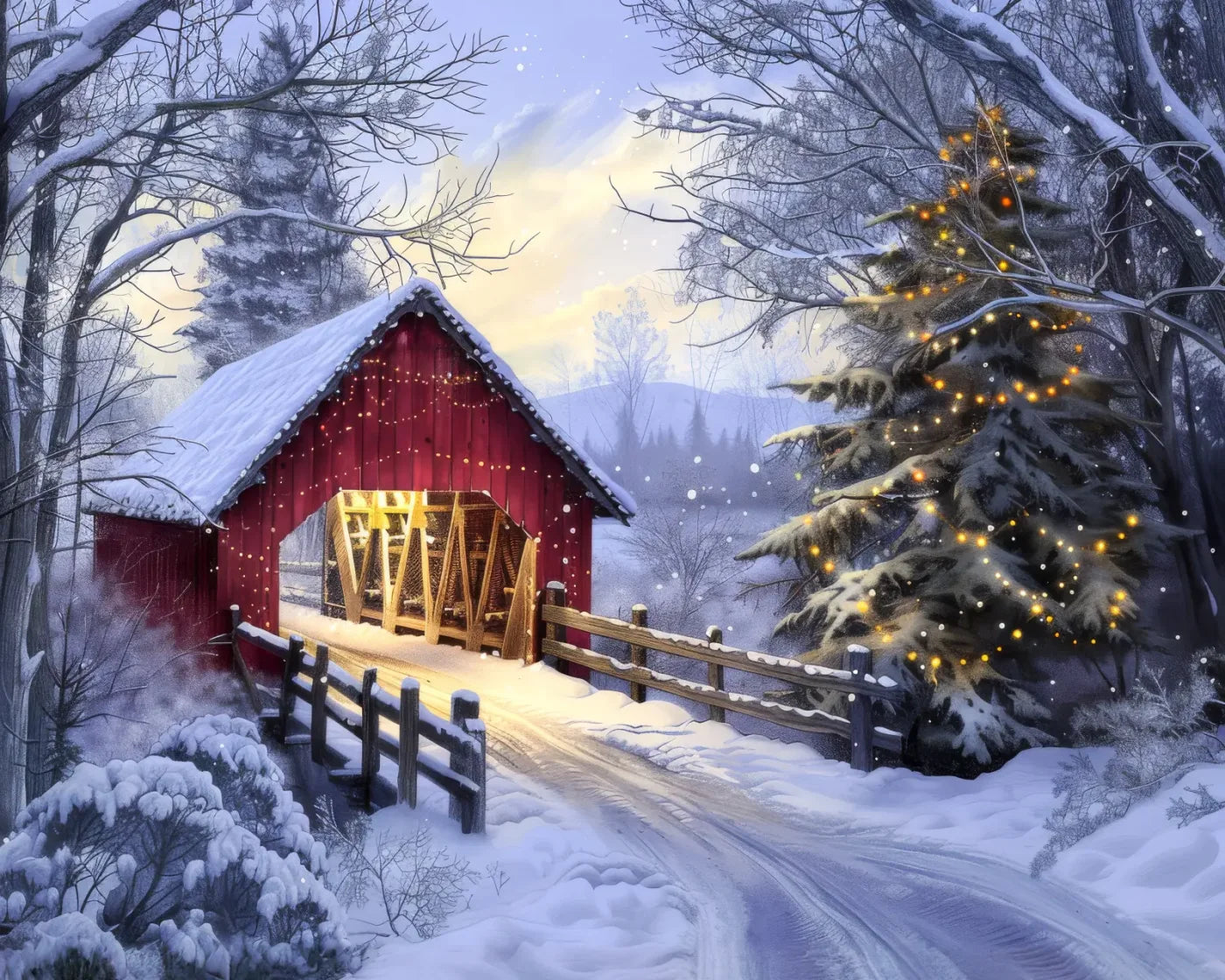 Christmas Covered Bridge 10’x8’ Fleece (120 x 96 inch) Backdrop