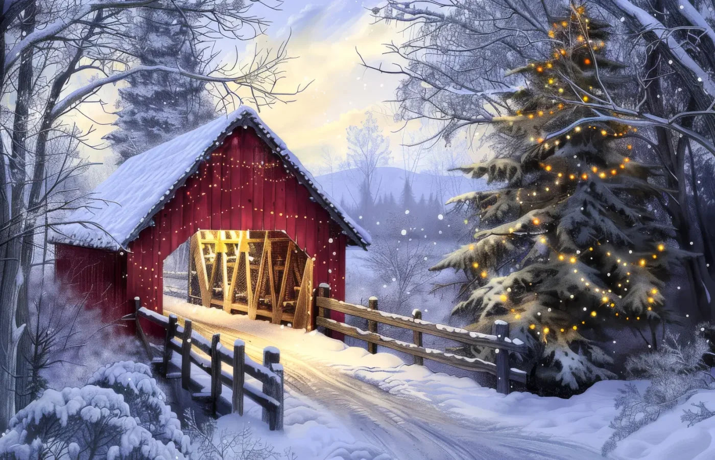 Christmas Covered Bridge 14’x9’ UltraCloth (168 x 108 inch) Backdrop
