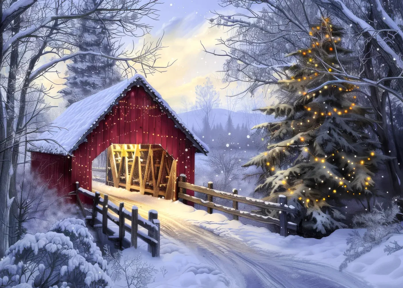 Christmas Covered Bridge 7’x5’ UltraCloth (84 x 60 inch) Backdrop
