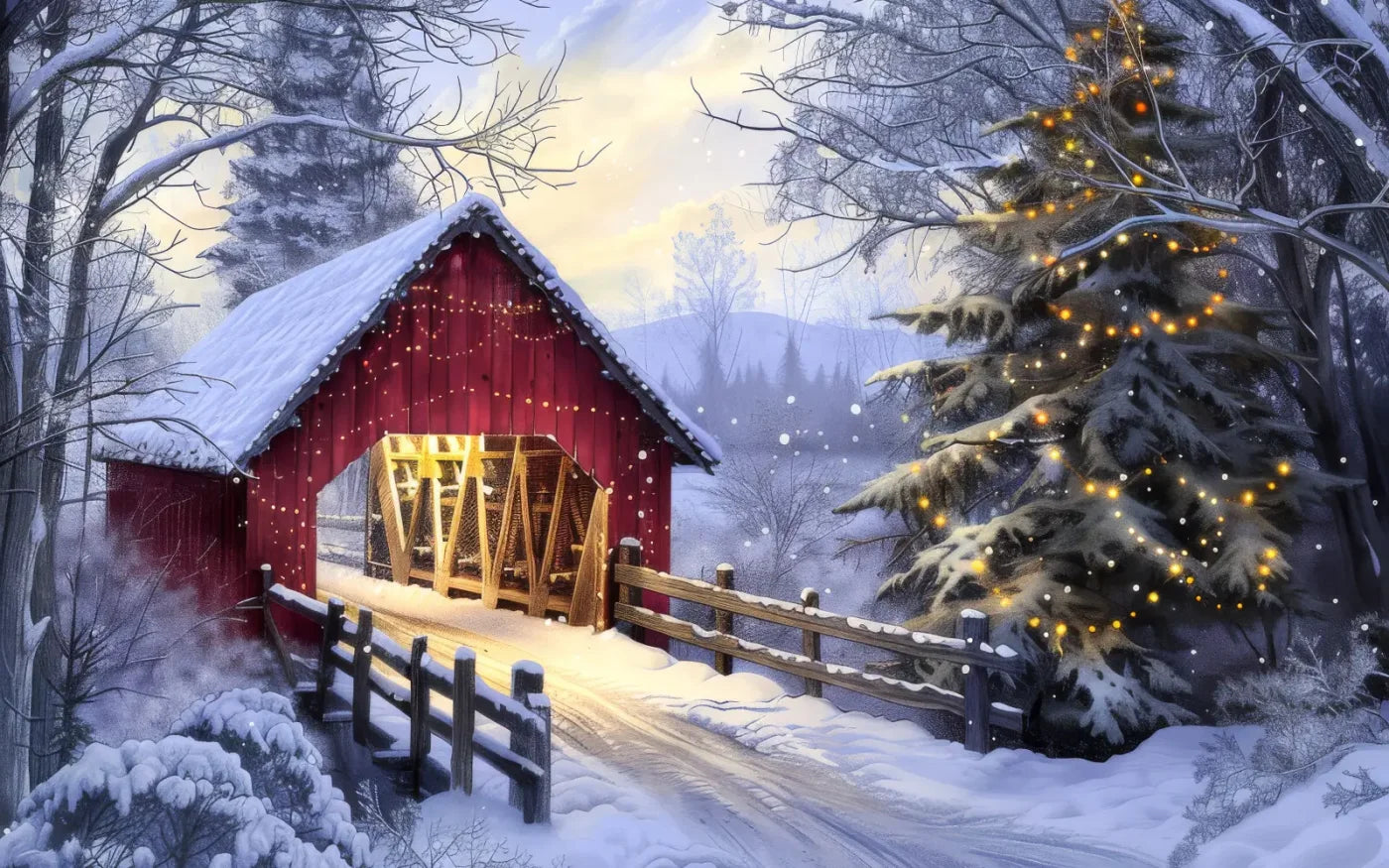 Christmas Covered Bridge 8’x5’ UltraCloth (96 x 60 inch) Backdrop
