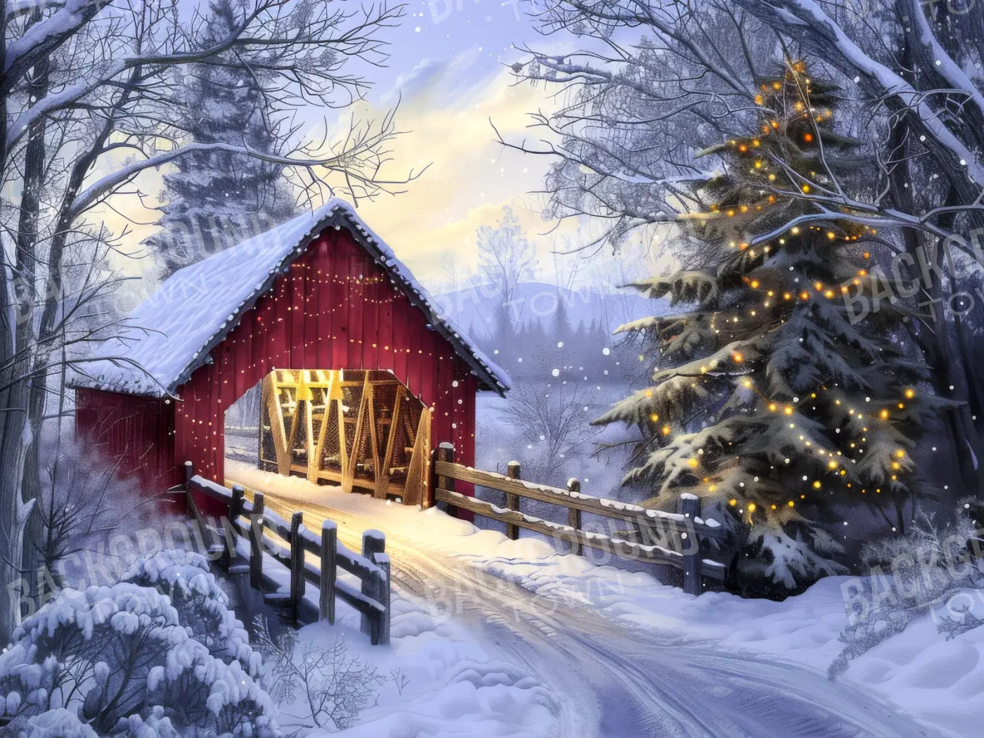 Christmas Covered Bridge 8’x6’ Fleece (96 x 72 inch) Backdrop