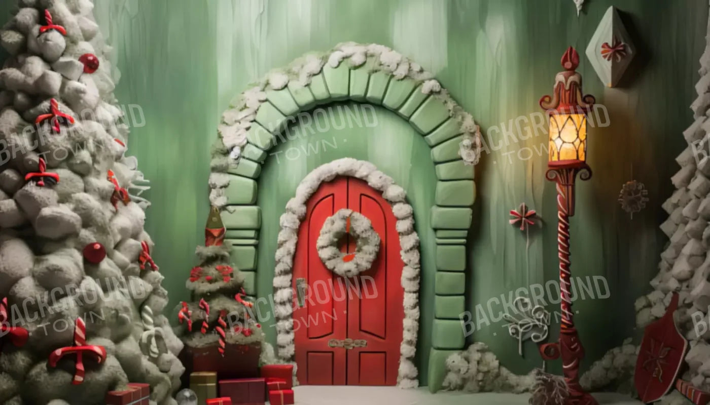 Christmas Door 1 14X8 Ultracloth ( 168 X 96 Inch ) Backdrop