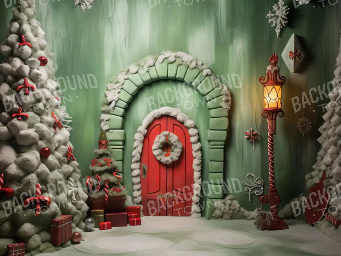 Christmas Door 1 68X5 Fleece ( 80 X 60 Inch ) Backdrop