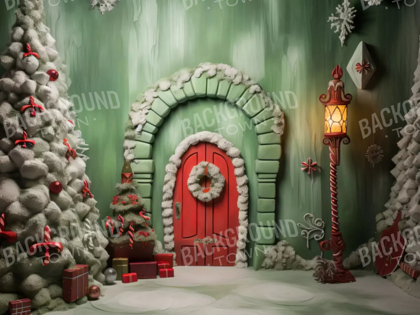 Christmas Door 1 8X6 Fleece ( 96 X 72 Inch ) Backdrop