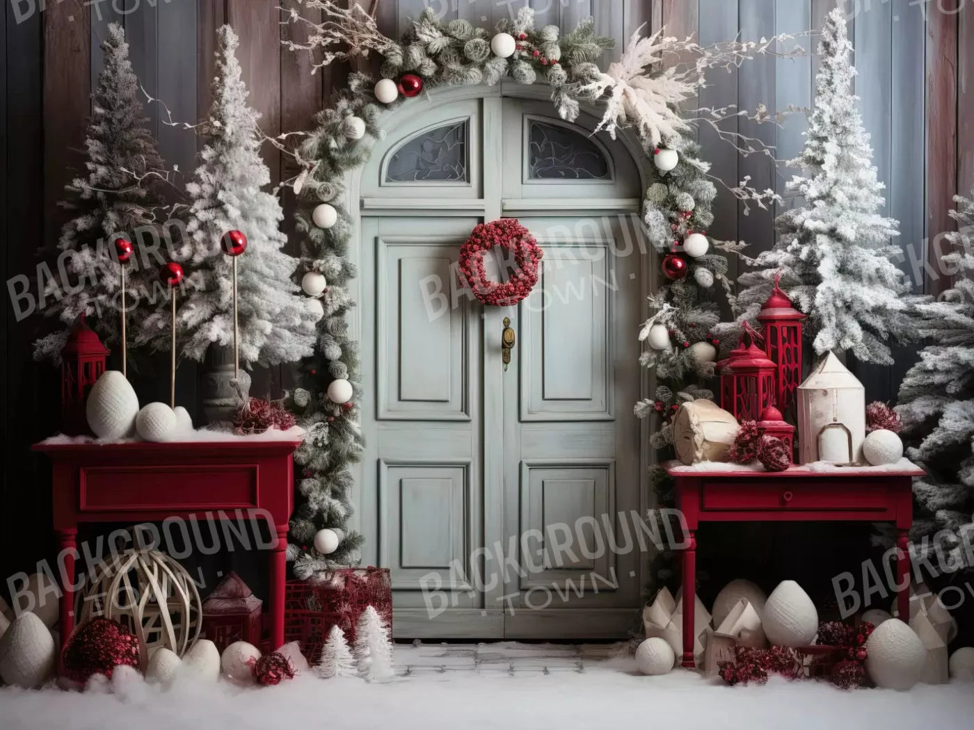 Christmas Doors 10X8 Fleece ( 120 X 96 Inch ) Backdrop